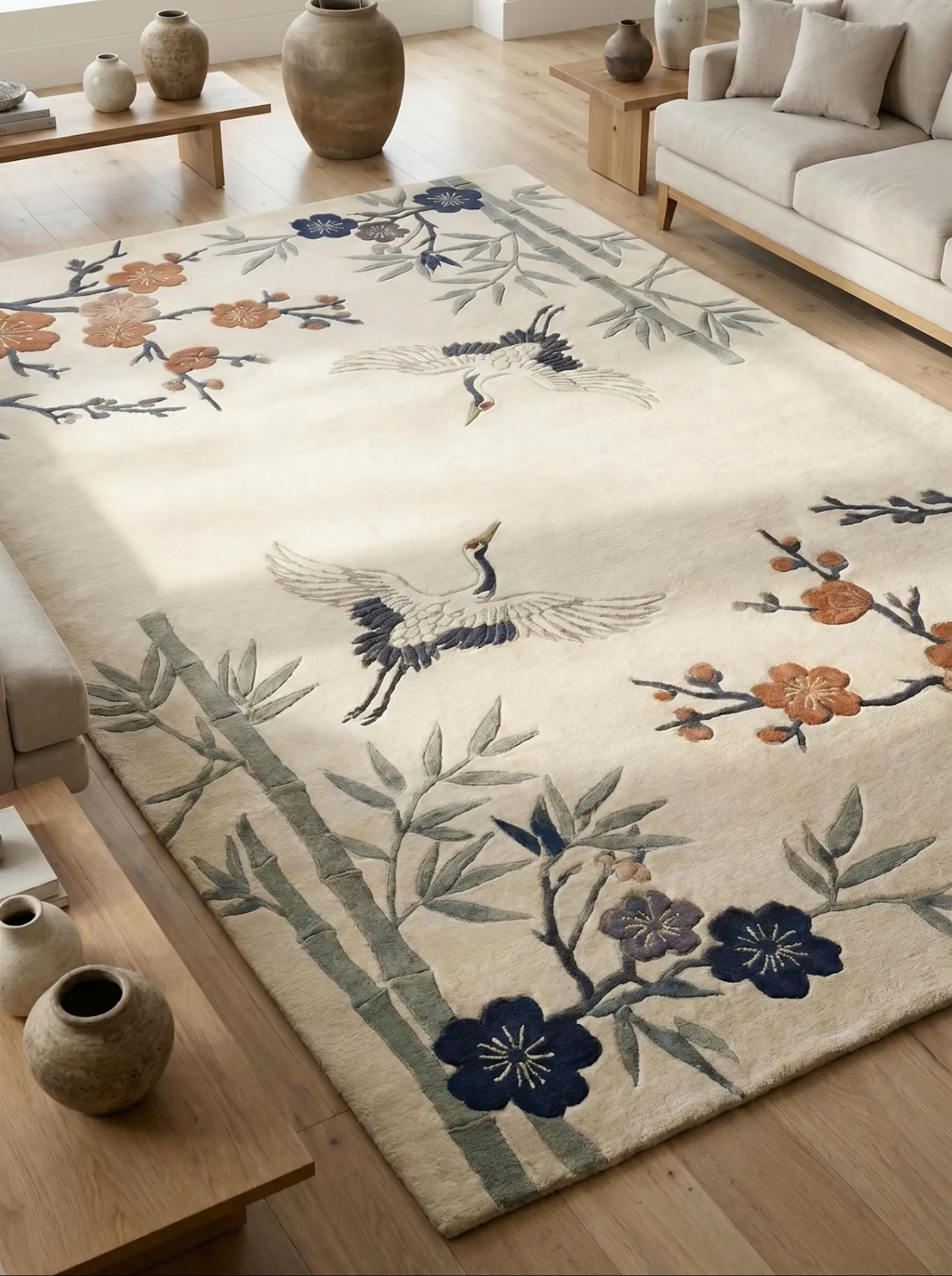 Japanese Crane Handmade Tufted Wool Area Rug