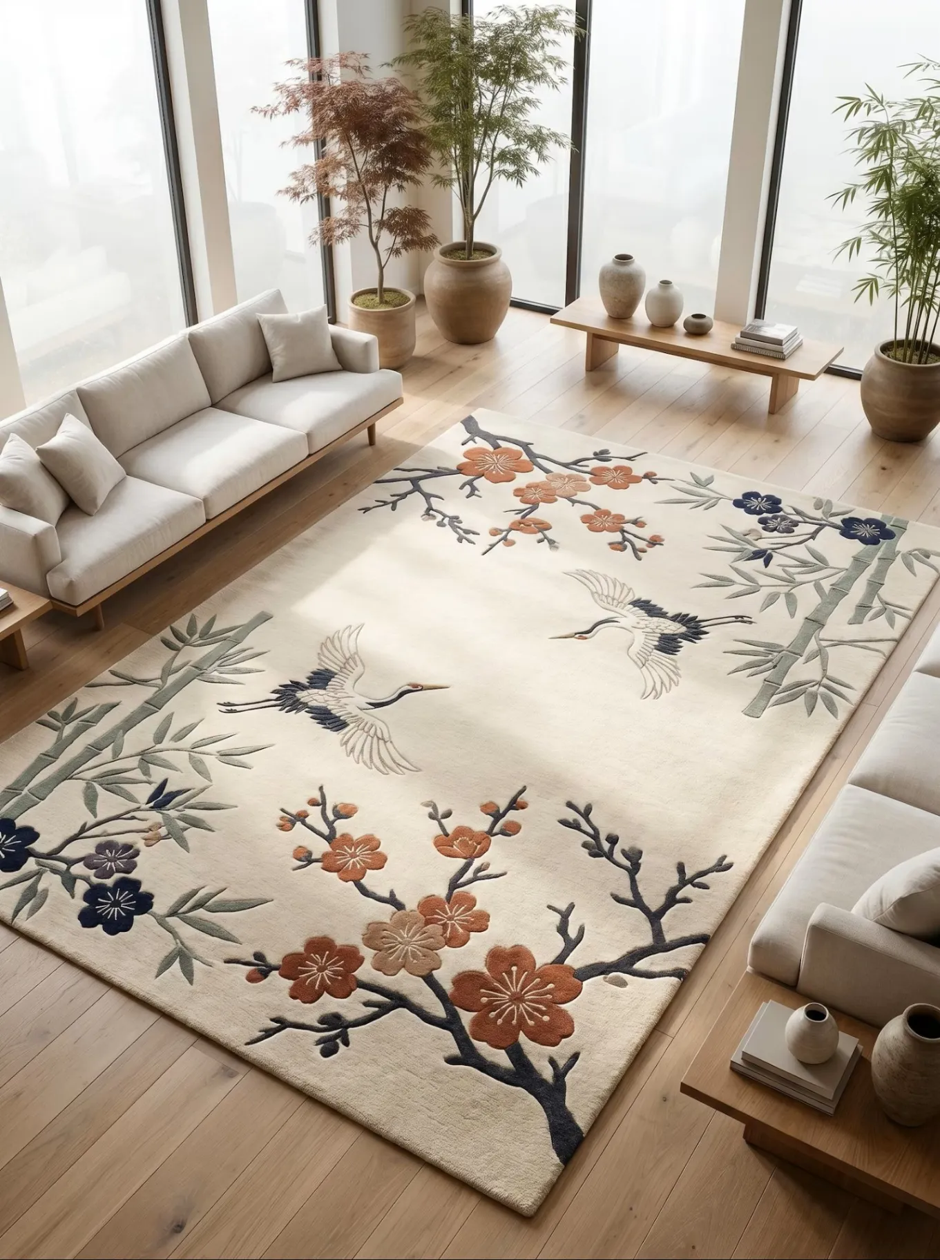 Japanese Crane Handmade Tufted Wool Area Rug