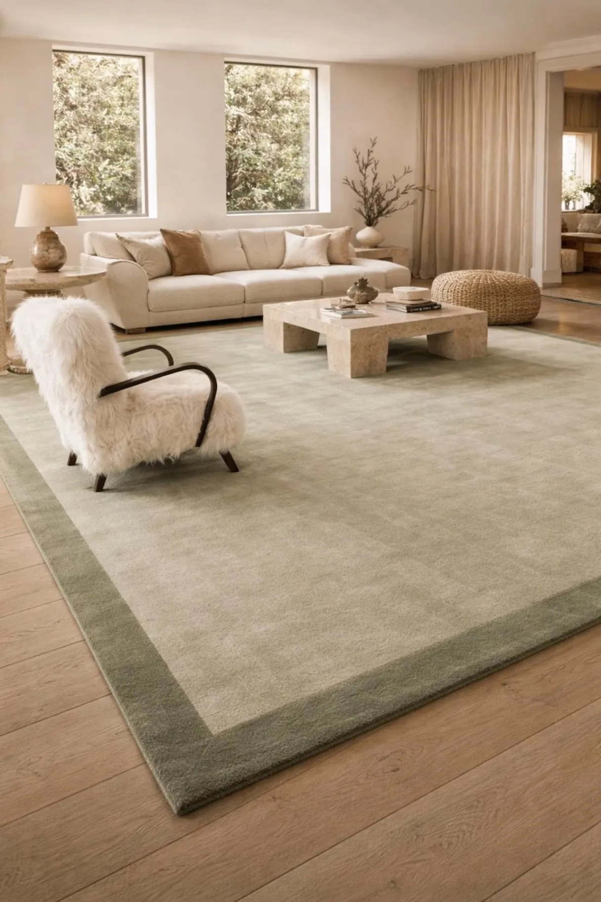 Handmade Sage Green Border Tufted Rug